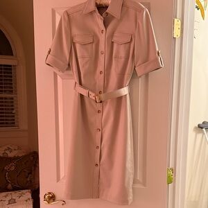 Alex Marie: Elegant Cream Belted Shirt Dress